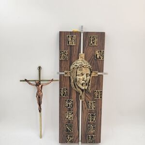 Vintage Stations of the Cross Crucifix Wood & Inri Brass Crucifix